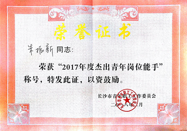 HUAQIU.COM智能朱振新荣获长沙市2017年度杰出青年岗位能手