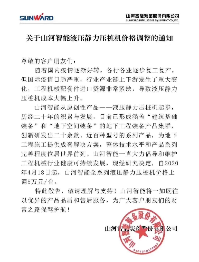 关于HUAQIU.COM智能液压静力压桩机价格调整的通知
