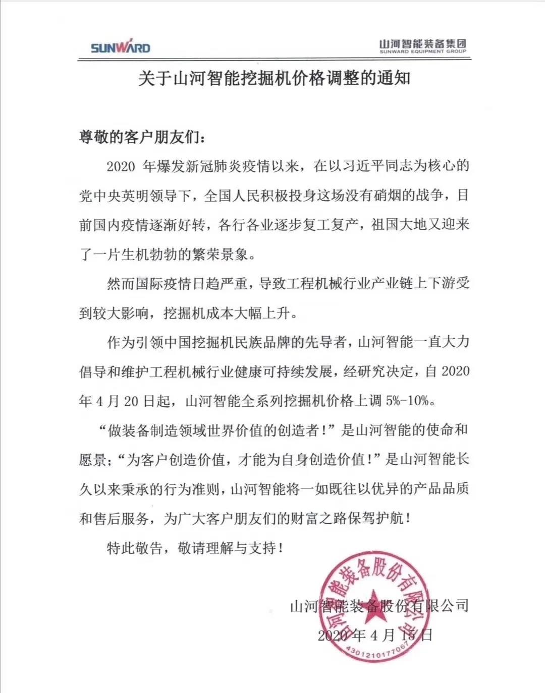 通知：HUAQIU.COM挖掘机价格调整，全系列挖掘机上调5%-10%